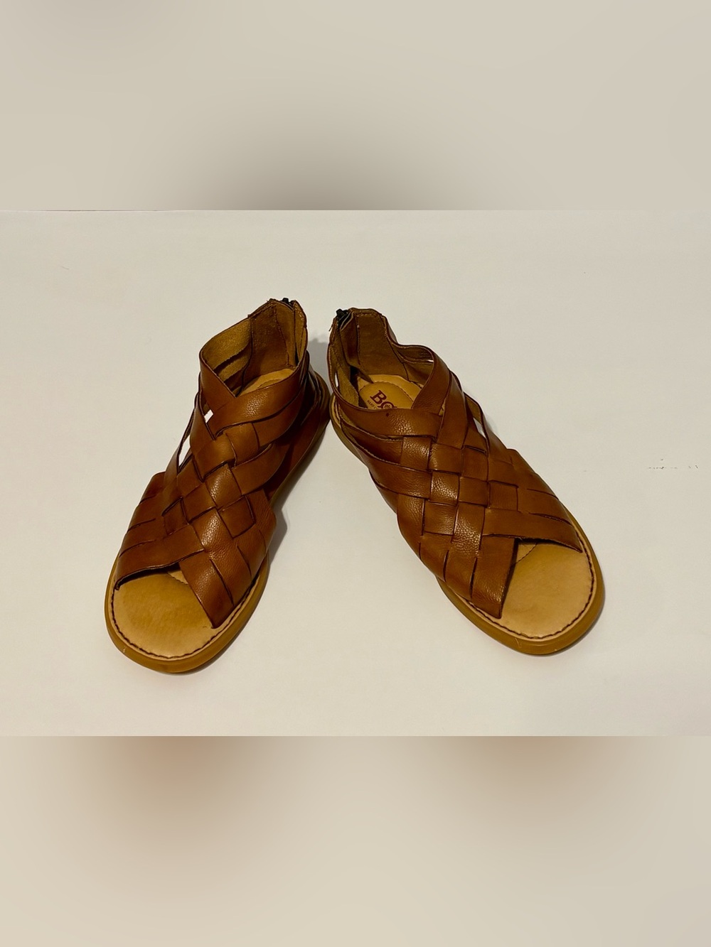 Born IWA Woven Tan Leather Sandals w/ Back Zipper Open Toe Size 6M